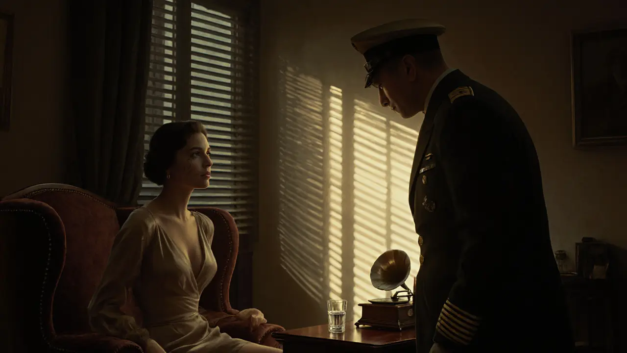 1930s dimly lit Milan apartment showing an elegant escort meeting a uniformed officer in secrecy.