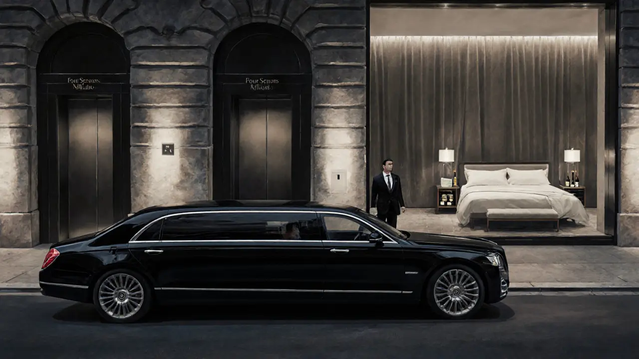 Black limousine arriving at Four Seasons Milan, showing a discreet luxury suite interior.