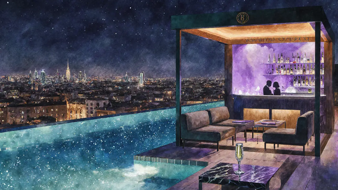 Bulgari Hotel rooftop pool at night with a secluded cabana and champagne glass.