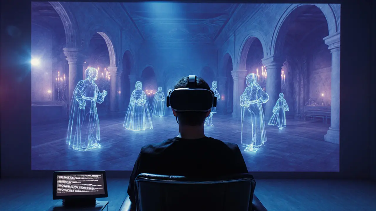 Client in VR headset surrounded by holographic Renaissance court in a futuristic hotel suite.