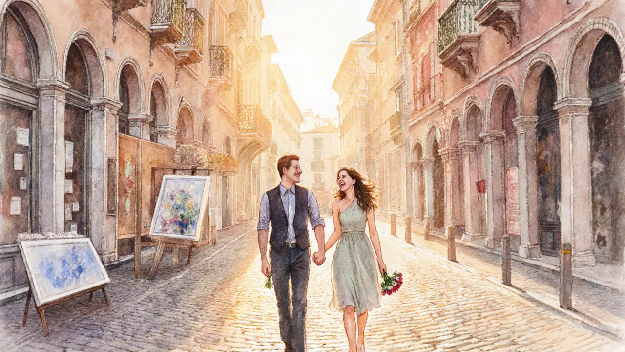 Couple walks together in Brera district at sunset, sharing a relaxed, romantic moment.