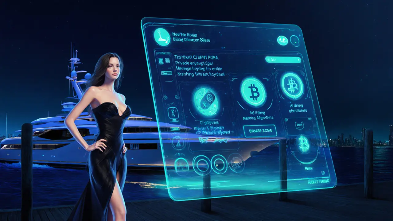 Digital portal showing encrypted chat, AI matching and crypto icons beside a couture‑dressed escort on a yacht.