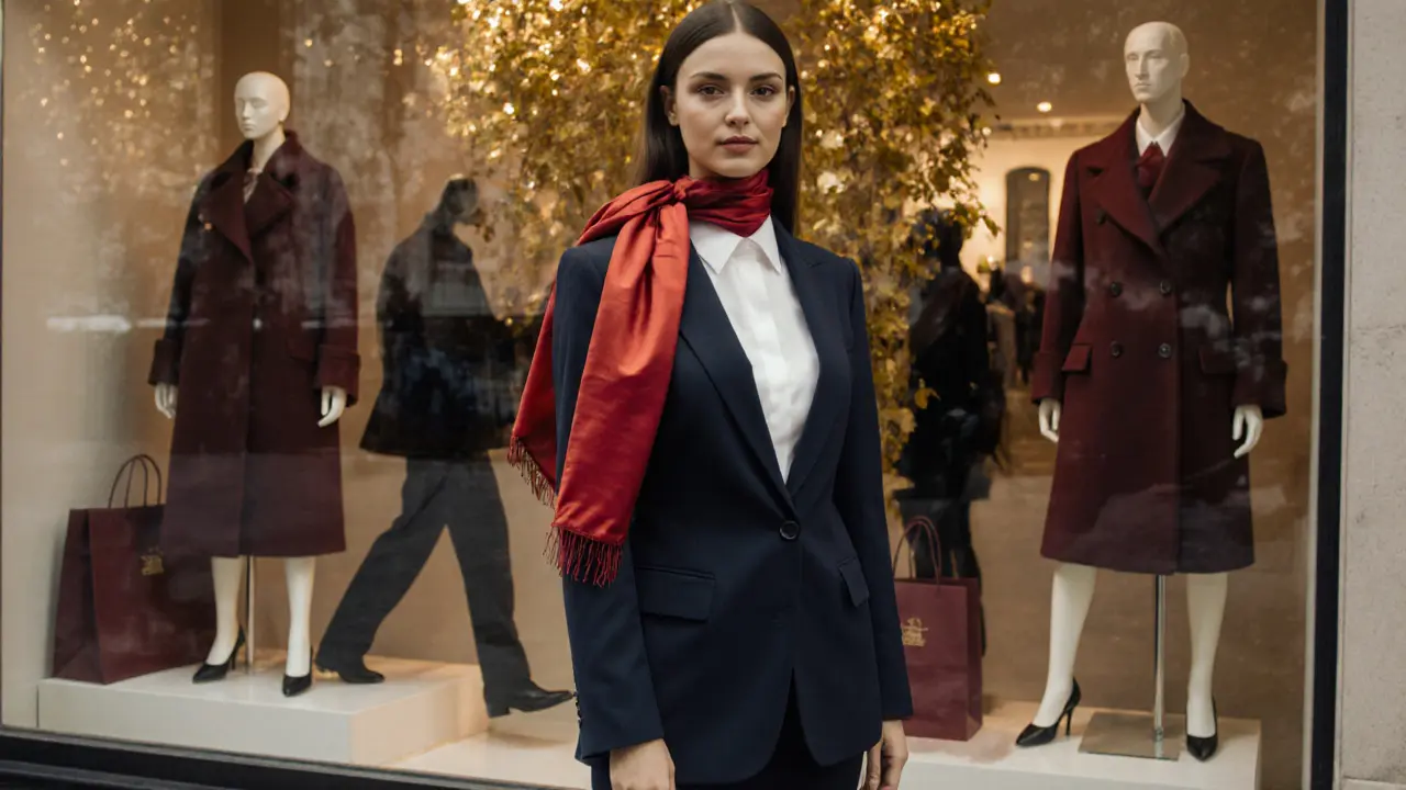 Escort in navy blazer with red silk scarf standing before a boutique window in autumn.
