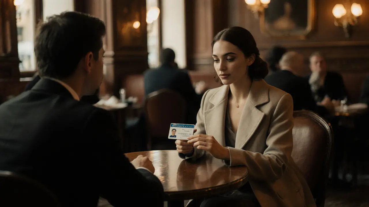 Escort shows ID to a client in a warmly lit Milan café, emphasizing safety.