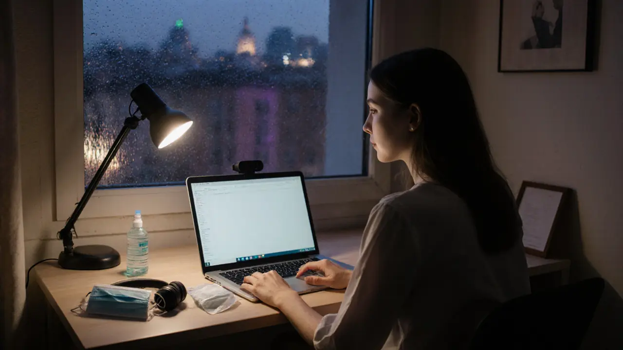 Escort worker using a laptop for a virtual session in a dimly lit Milan apartment.