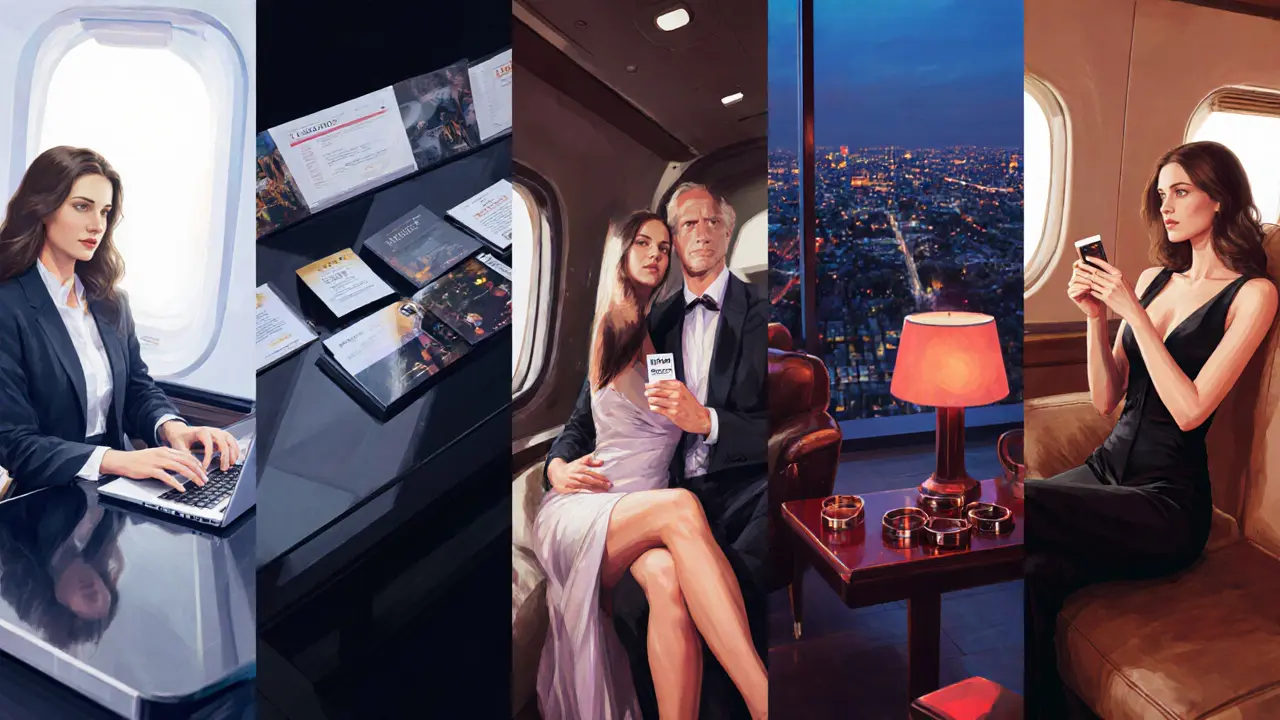 Five panel illustration showing independent, agency, VIP, GFE, and BDSM escort settings in Milan.