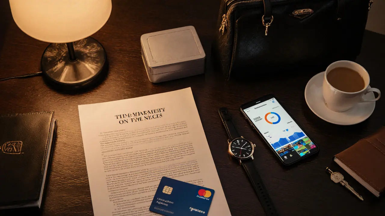 Flat‑lay of items like a keycard, alarm, phone, contract, law book, handbag, and watch representing business expenses.