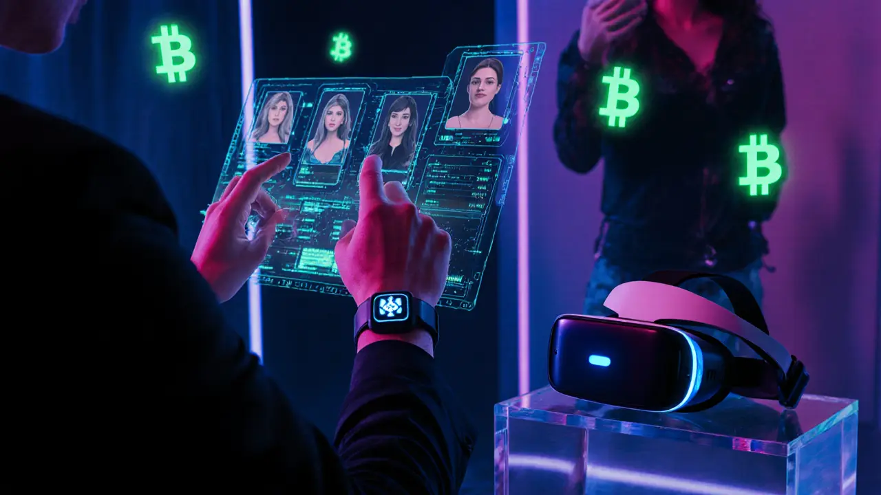Futuristic AI matchmaking hub with holograms, VR headset, and glowing safety wearable.