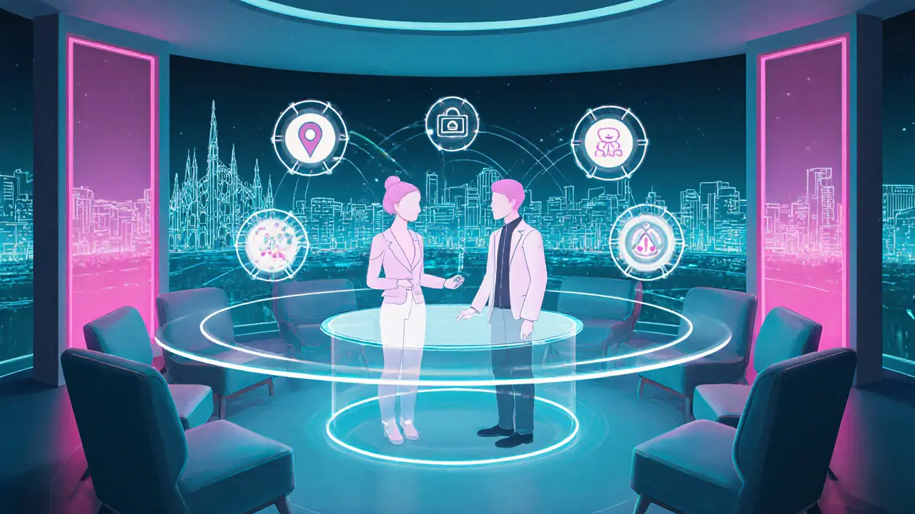 Futuristic lounge with holographic AI matching, a virtual avatar, and safety icons near a Milan skyline.