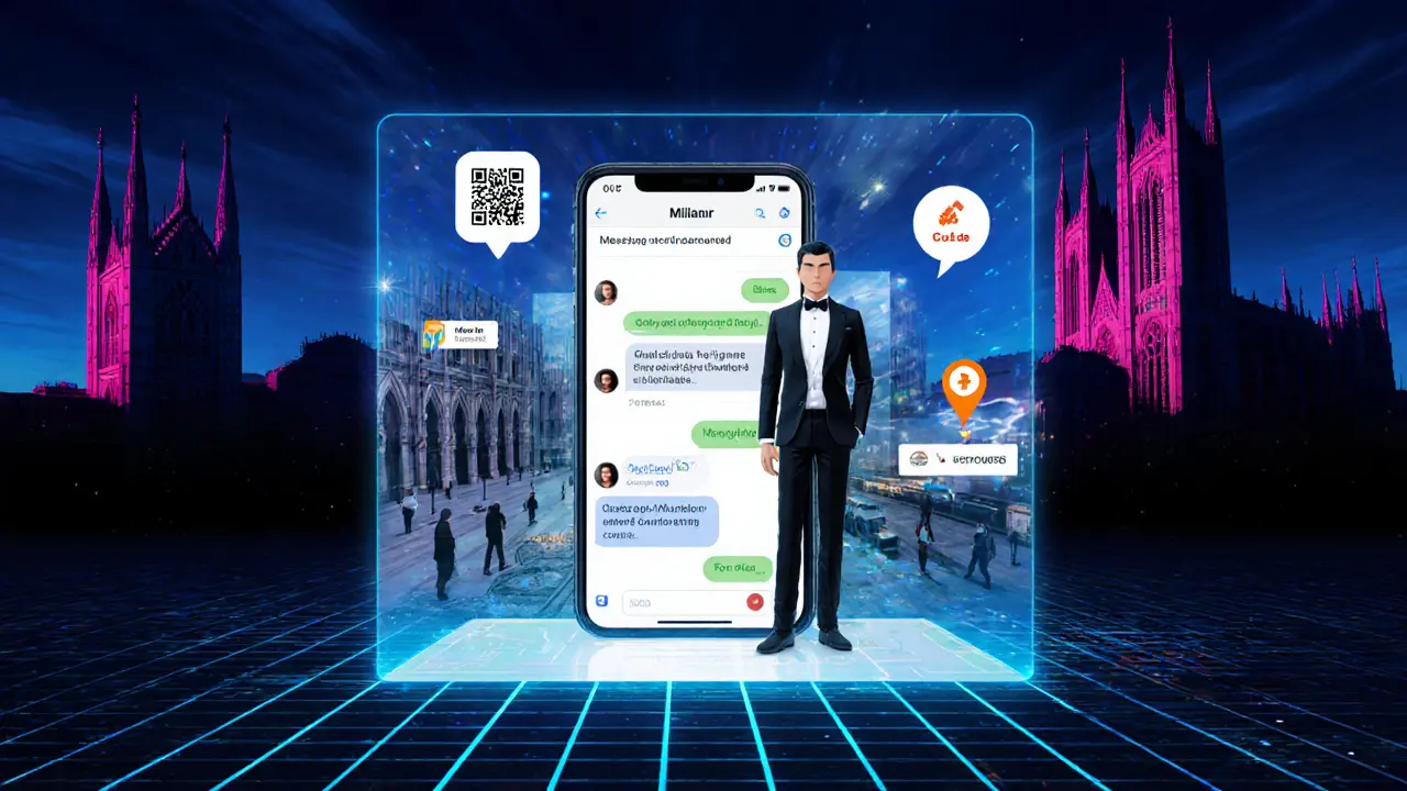 Futuristic phone screen displays encrypted chat, VR date room, location sharing and crypto wallet over a Milan skyline silhouette.