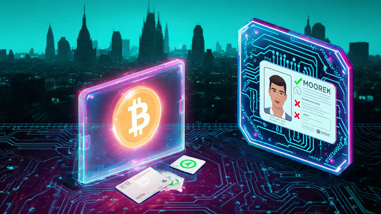 Holographic crypto wallet and AI facial verification panel illustrating secure payments.