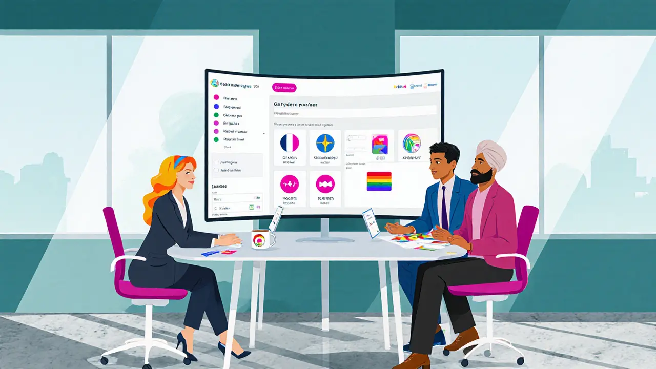 Inclusive agency office with diverse staff and screen displaying filtered booking options.