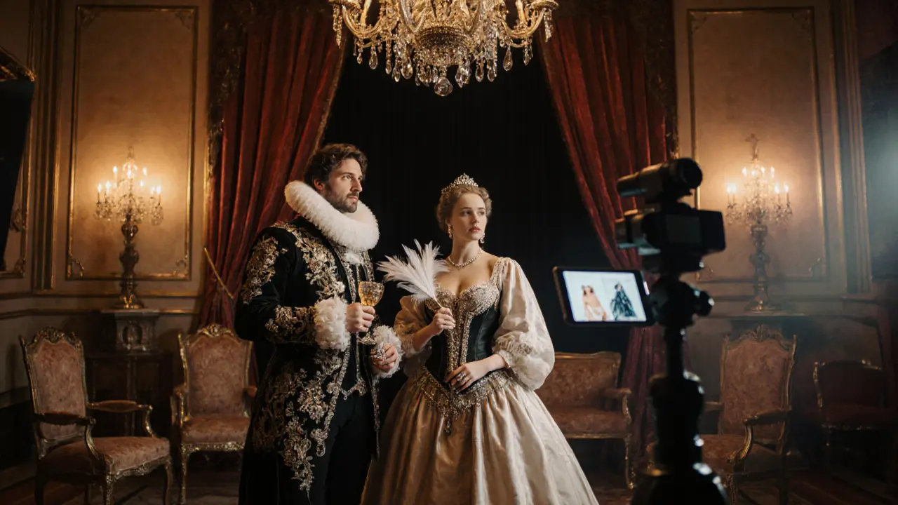 Luxurious Milan suite turned Renaissance scene with costumed performers, camera, and tablet.