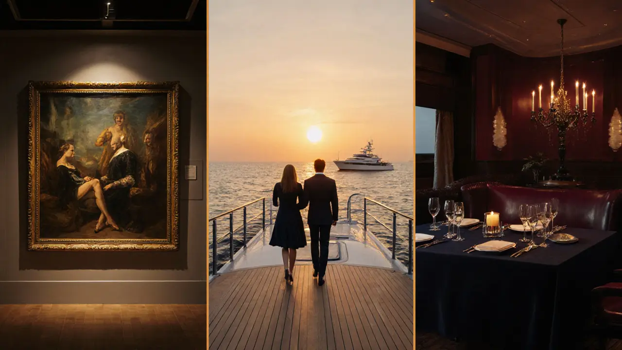 Luxury experience scene with escort, client in an art gallery, yacht, and fine‑dining under sunset light.
