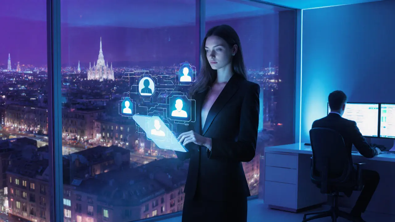 Modern Milan escort agency office with digital interfaces, sleek design, and city skyline at night.