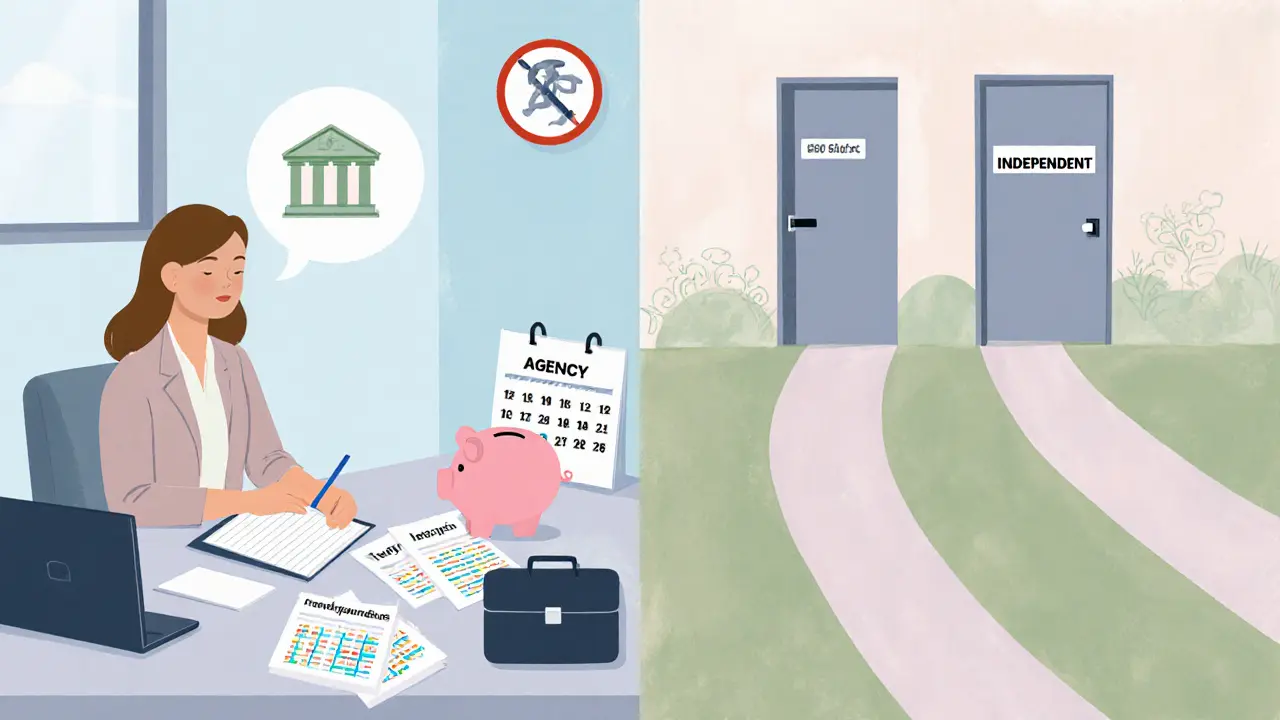 Office scene showing financial planning tools and two paths: agency building versus independent doorway.