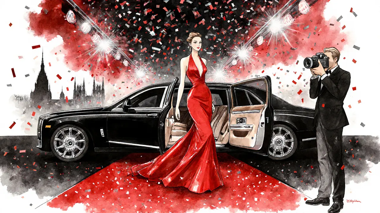 Red‑carpet scene with a couture‑dressed escort stepping out of a limousine during Fashion Week.