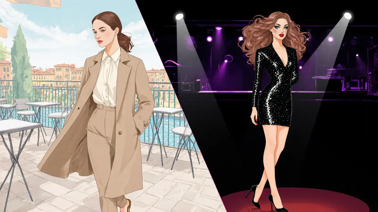 Split illustration showing day business outfit on left and night club look on right.