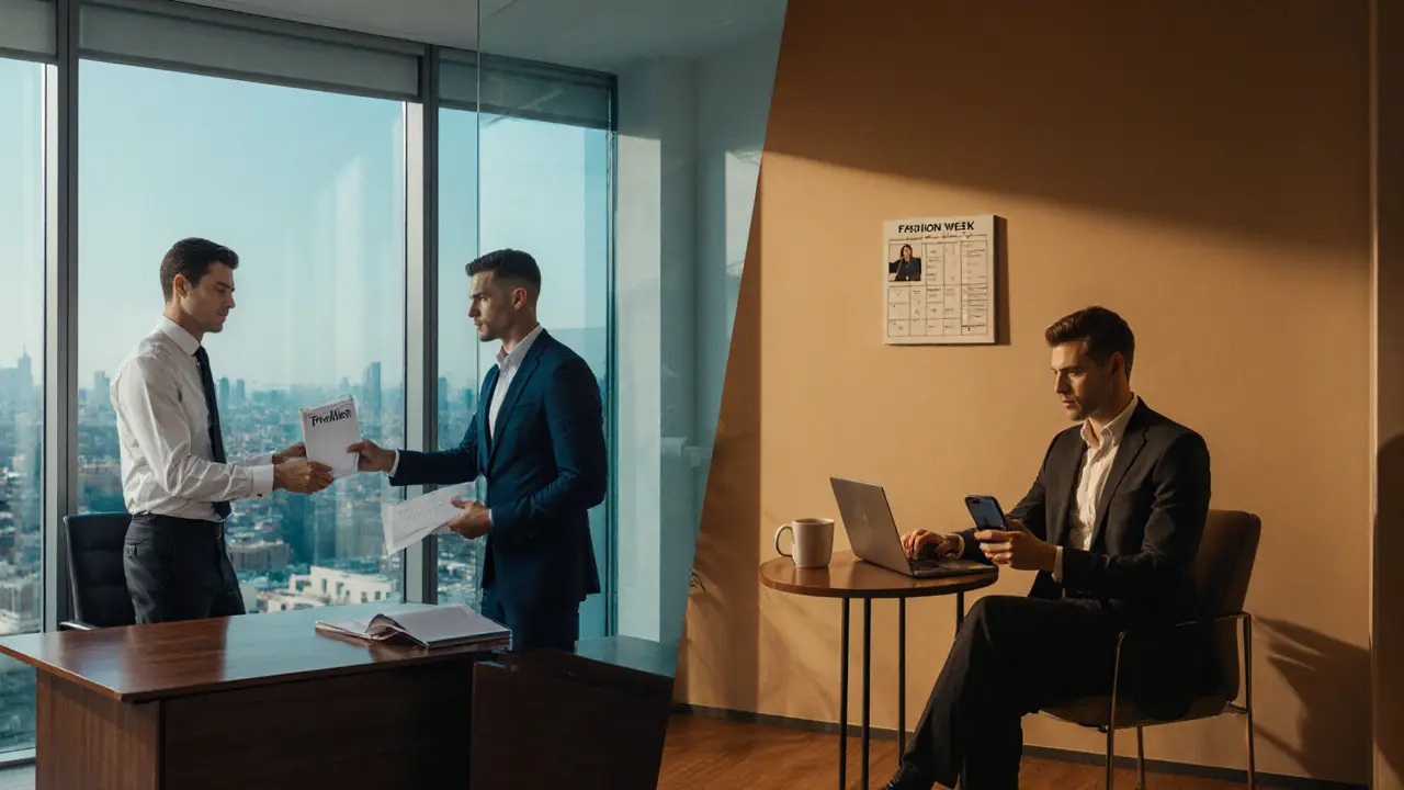 Split scene shows a sleek agency office handing a discreet envelope and a lone escort arranging a booking from his apartment.