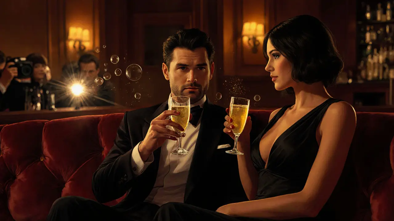 Upscale cocktail bar where a celebrity and an elegant companion sit together under low lighting.