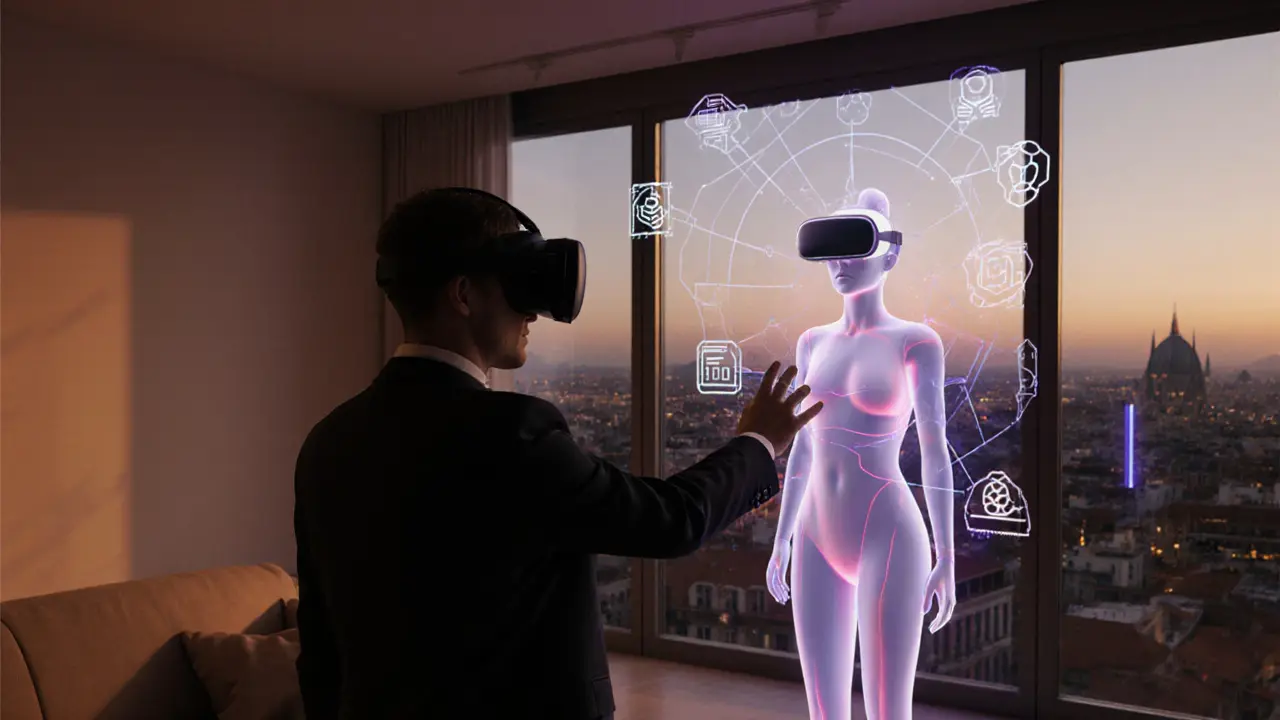 VR headset user interacting with a glowing 3D escort avatar in a modern loft.