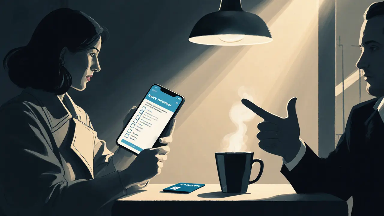 Woman in a café reviewing ID on a phone, prepaid card on the table, with a safe‑word hand gesture.